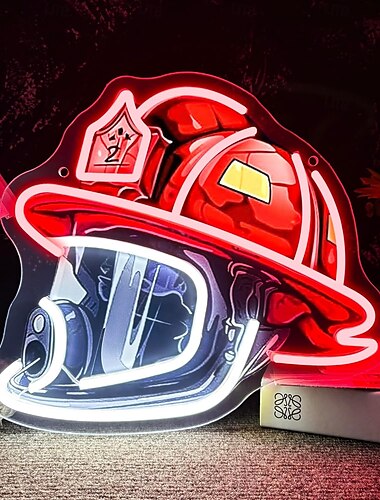  Letrero de neón con casco de bombero, luz de neón pop art con alimentación USB LED regulable, para decoración de pared de héroe, letrero de bombero para cueva de hombre, arte de decoración de pared,