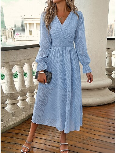  Damen Maxikleid A Linie Kleid Lässig Outdoor Ausgehen Normale Passform Einfarbig Langarm V Ausschnitt Dunkelblau Aprikose Sommer