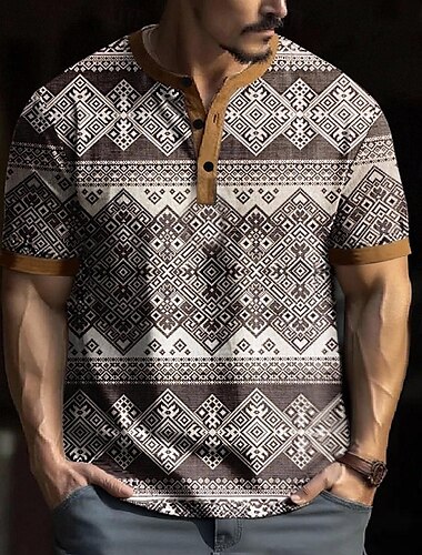  Herren Geometrisch Retro T Shirt Henley Hemd Kurzarm Designer Retro Vintage Lässig Straße Lässig Täglich Sommer Frühling Khaki Henley Henley T-Shirt