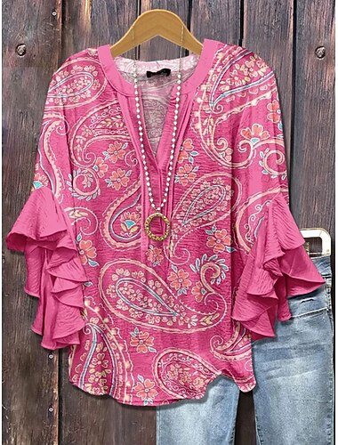  Damen Bluse Blumen Grafik Täglich Stilvoll Lässig Dreiviertelarm V Ausschnitt Normale Oberteile Täglich Ferien Urlaubskleidung Druck Rosa Rote Blau Grün Sommer Frühling