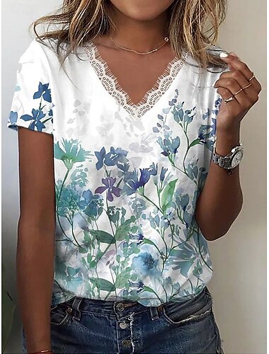  Mulheres Camiseta à moda Clássico Casual Manga Curta Decote V Tops regulares Diário Renda Verde Sage Branco Verde Verão Primavera