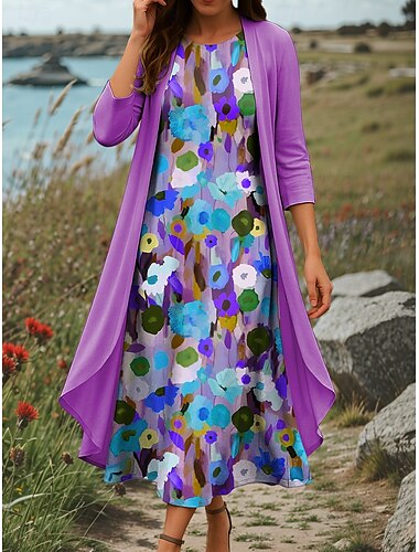  Damen Kleid-Set Shiftkleid Sommerkleid Lässig Ombre Blumen Geschichtet Druck Midikleid Dreiviertelarm Rundhalsausschnitt Täglich Blau Purpur Grün Sommer Frühling Normale Passform