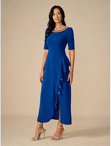  Damen Maxikleid Rüschenkleid Elegant Normale Passform Einfarbig Kurzarm Rundhalsausschnitt Königliches Blau Sommer Frühling Herbst