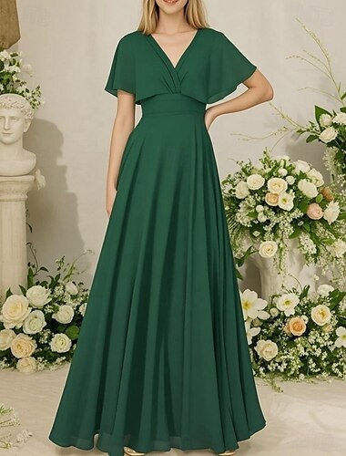  A-Linie Kleider für Hochzeitsgäste Elegant Kleid Hochzeitsgast Verlobung Bodenlang Kurzarm V Ausschnitt Chiffon mit Falten Gerafft 2025