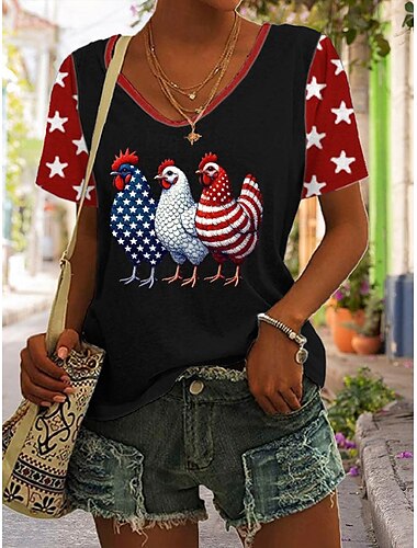  Unabhängigkeitstag Damen Patriotisches Vierteljuli T-Shirt Grafik Tier Flagge Stylisch Lässig Kurzarm V-Ausschnitt Reguläre Oberteile Täglicher Druck Schwarz Weiß Rot Sommer Frühling