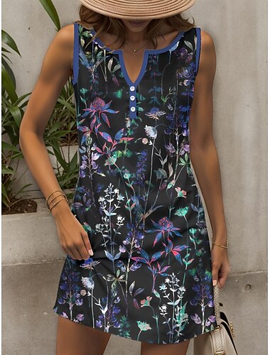  Damen Minikleid Sommerkleid Shiftkleid Schulterfreies Kleid Urlaub Lässig Ausgehen Normale Passform Blumen Grafik Ärmellos V Ausschnitt Rote Blau Purpur Grün Sommer Frühling