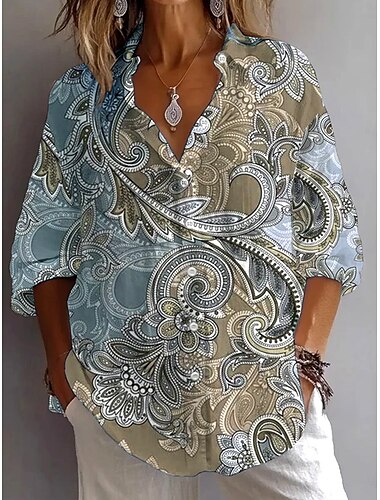  Damen Hemd Bluse Grafik Paisley-Muster Vintage Stilvoll Ethnisch Langarm Hemdkragen Normale Oberteile Täglich Ferien Ausgehen Knöpfe Leicht Braun Staubiges Blau Purpur Sommer Frühling