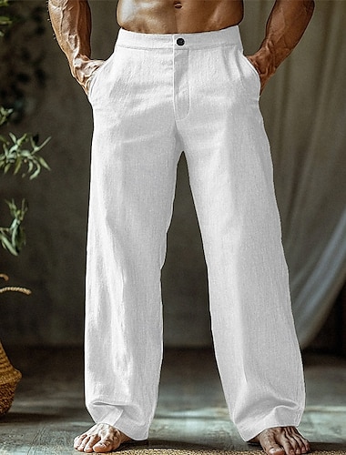  Homme Pantalons en Lin Pantalons Pantalon d'été Pantalons de Plage Boutons Avec Poches Jambe Droite Uni Confort Respirant Vacances Quotidien Fête Hawaïen Boho Noir Blanche