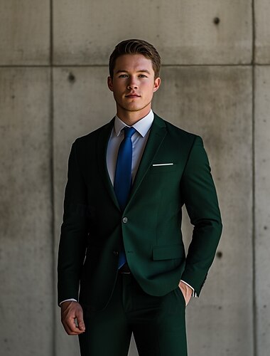  Costumes d'affaires de mariage pour hommes Costumes de rentrée Vert foncé quotidien formel couleur unie coupe standard 2 pièces à boutonnage simple deux boutons