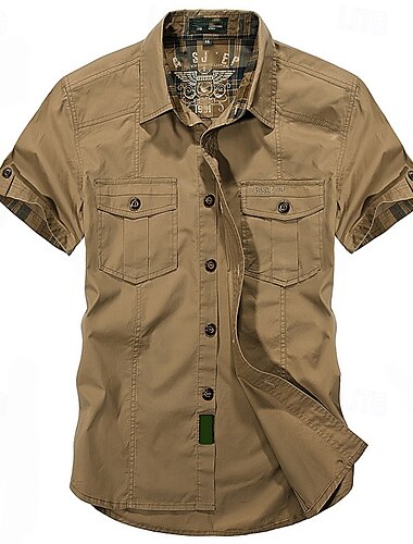  Herren Wanderhemd Wanderspitze Cargo-Shirt Kurzarm Umlegekragen Oberteil Außen Schnelltrocknend Leicht Atmungsaktiv Polyester Armeegrün Khaki Tennis Golfspiel Laufen