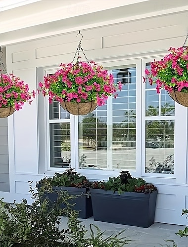  Flores artificiales para exterior con cesta colgante, jardineras colgantes, flores para primavera, verano, porche delantero, jardín, patio, decoración del hogar