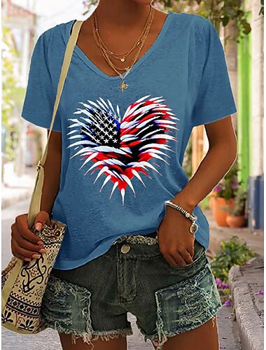  Unabhängigkeitstag Frauen Patriotic Vierte Juli T-Shirt Grafik Flagge Amerikanische Flagge Vintage Stylisch Klassisch Kurze Ärmel V-Ausschnitt Reguläre Tops Täglich Wochenende Druck Schwarz Weiß Rot