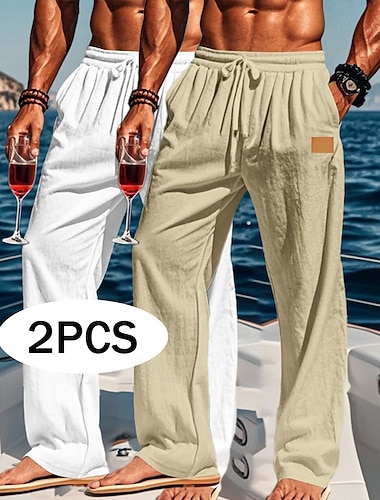  Homme Pantalons en Lin Pantalons Pantalon d'été Pantalons Amples Pantalons de Plage Cordon de serrage Taille Élastique Jambe Droite Uni Confort Respirant Longueur complète Extérieur Fête Plage