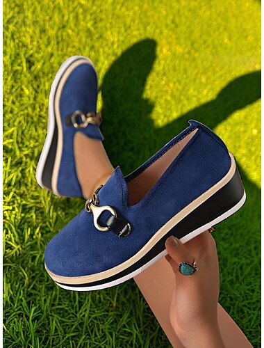  Blaue Damen-Loafer mit Plateau und Metallschnalle – stylische Slipper mit Keilabsatz für Freizeit, Büro und Reise