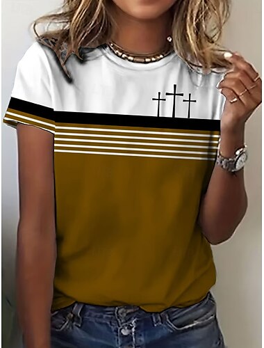  Damen T Shirt Grafik Gestreift Vintage Stilvoll Klassisch Kurzarm Rundhalsausschnitt Normale Oberteile Täglich Wochenende Druck Rote Blau Braun Sommer Frühling