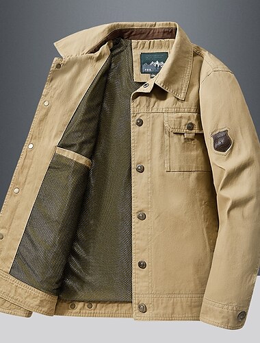  Men's Trucker Jacket Cargo Jacket Chore Jacket Going out Casual Daily Windbreaker Inside Pocket Spring Fall Plain Fashion Classic Stand Collar Regular Navy Blue Khaki Army Green Jacket