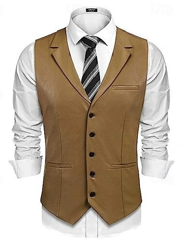  Herren Kunstlederjacke Weste Gilet Urlaub Täglich Mode Lässig Frühling Herbst Tasche Knöpfe PU Leder Bequem Einfarbig Einreihig Ein-Knopf Revers Normale Passform Hellgrünkaffee Schwarz Weste