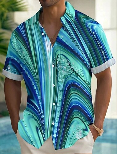  Herren Geometrisch Abstrakte Kunst Hemd Sommerhemd Knopfhemd Kurzarm Modisch lässig Outdoor Urlaub Alltagskleidung Sommer Frühling Umlegekragen 3D-Druck Hemden mit Kragen Eine Tasche vorne Blau