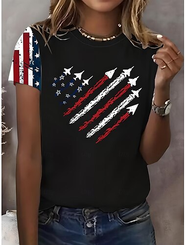  Unabhängigkeitstag Frauen Patriotic Fourth of July T-Shirt Grafische Flagge Vintage Stilvoll Klassisch Kurzarm Crew Neck Rundhals Reguläre Oberteile Täglich Wochenende Druck Schwarz Weiß Rot Blau