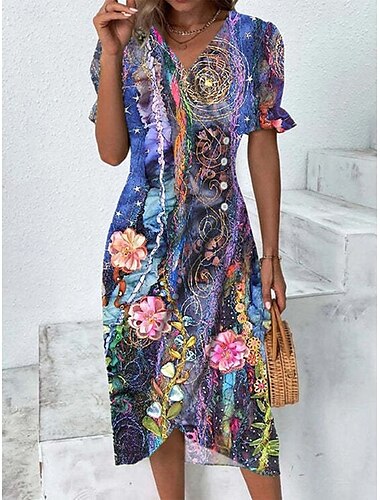  Damen Midikleid Etui-Kleid Wickelkleid Lässig Täglich Ferien Lässiger Schnitt Grafik Geometrisch Kurzarm V Ausschnitt Blau Fuchsie Orange Dunkelblau Sommer Frühling