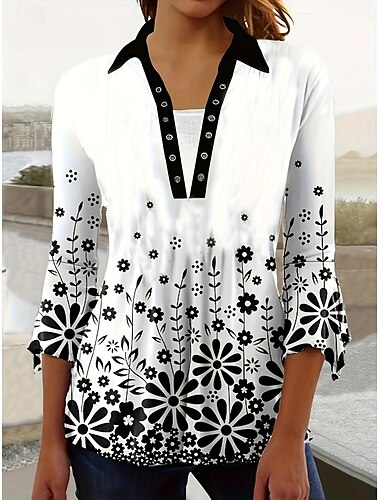  Damen Bluse Blumen Grafik Täglich Retro Vintage Lässig Dreiviertelarm Hemdkragen Normale Oberteile Täglich Patchwork Druck Schwarz und Weiß Schwarz Weiß Blau Sommer Frühling