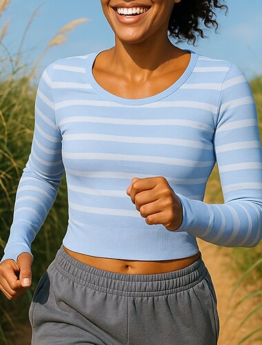  Women's Running Top Running Shirt Slim Pullover Long Sleeve Top Spandex Breathable Quick Dry Lightweight Elastic Tennis Golf Running Sportswear Activewear Striped Light Coffee Black Pink