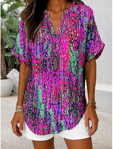  Damen Bluse Grafik Geometrisch Abstrakt Elegant Täglich Stilvoll Kurzarm V Ausschnitt Normale Oberteile Täglich Ferien Gelb Blau Purpur Orange Sommer Frühling