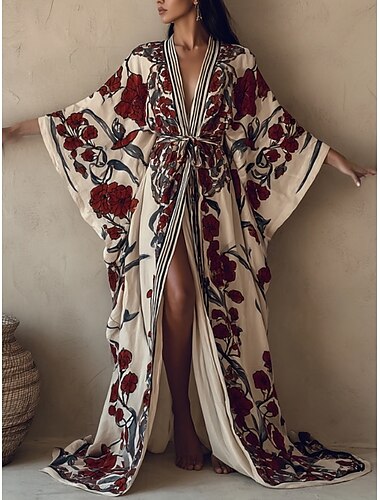  Abito lungo da donna, abito lungo, abito boho, abito casual da vacanza, abito scampanato, moda, moderno, quotidiano, vacanza, spiaggia, vestibilità regolare, floreale, manica lunga, scollo a V, rosso vino, blu navy, albicocca, estate, primavera.