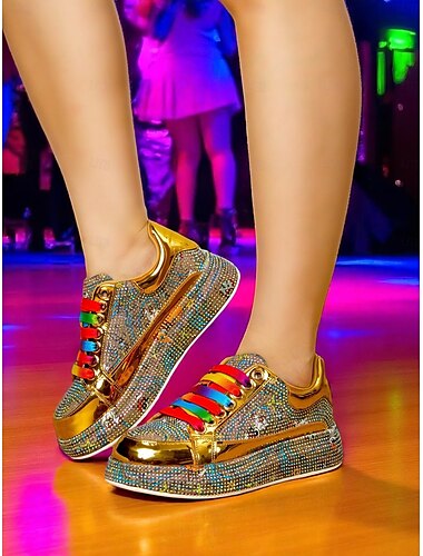  Gouden sneakers met strass steentjes voor dames met regenboogveters, glitterbling-stijl voor uitgaansfeesten, festivaloutfits en clubkleding