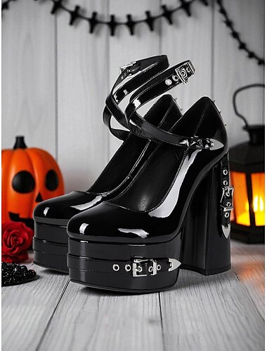  Damen-Plateau-High-Heels im Gothic-Stil der 80er – dicke Mary Janes aus schwarzem Lackleder mit Spikes und Schnallendetails für Halloween, Partys und Abende