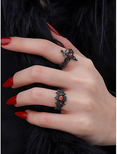  Damen Ring Ring-Set Silber Schwarz Legierung Vintage Gotisch Helloween Liebes-Herz