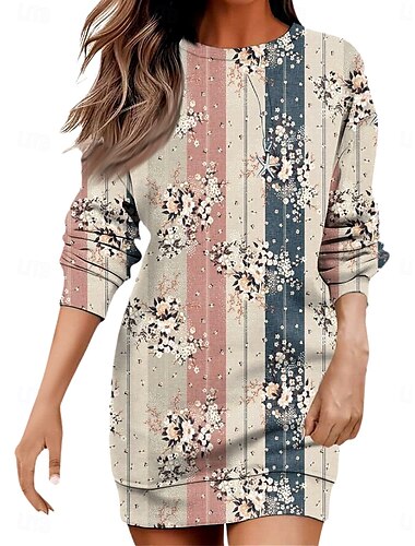  Damen Minikleid Shiftkleid Lässig Urlaub Ferien Ausgehen Normale Passform Blumen Grafik Geometrisch Langarm Rundhalsausschnitt Rostrot Purpur Kaki Herbst Winter