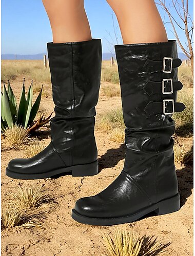  kniehohe Damenstiefel aus braunem Kunstleder mit dreifachen Schnallenriemen – Westernreitstil für Herbstoutfits, Tage auf dem Bauernhof und Outdoor-Bekleidung