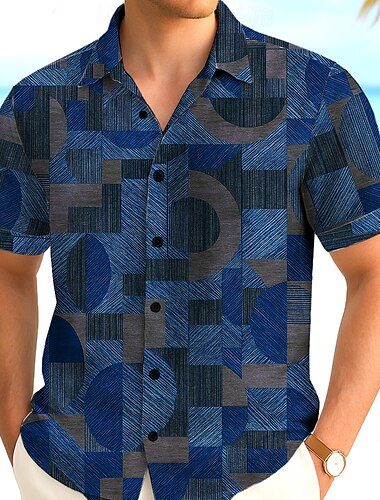 Herren Geometrisch Farbblock Kreis Hemd Sommerhemd Knopfhemd Kurzarm Modisch lässig Outdoor Urlaub Alltagskleidung Sommer Frühling Umlegekragen 3D-Druck Hemden mit Kragen Blau Braun