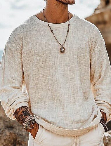  Hombre Camiseta Tee Camiseta superior Camisa de manga larga Manga Larga Cuello Barco Verano Primavera Color sólido Bohemia Vintage Casual Clásico Vacaciones Calle Casual Diario Albaricoque Camiseta