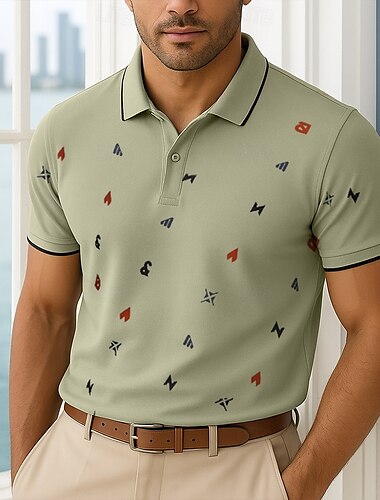  Männlich Abstrakt Kurzarm Polokragen Modern Sport & Outdoor Lässig Athleisure Sommer Weiß Grün Khaki