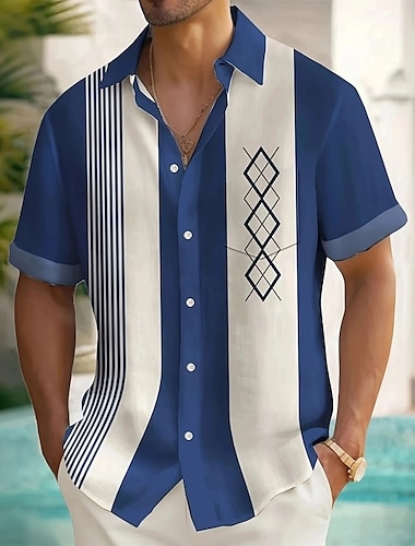  Herren Geometrisch Gestreift Karo / Karomuster Hemd Sommerhemd Knopfhemd Kurzarm Modisch lässig Outdoor Urlaub Alltagskleidung Sommer Frühling Umlegekragen 3D-Druck Hemden mit Kragen Eine Tasche vorne