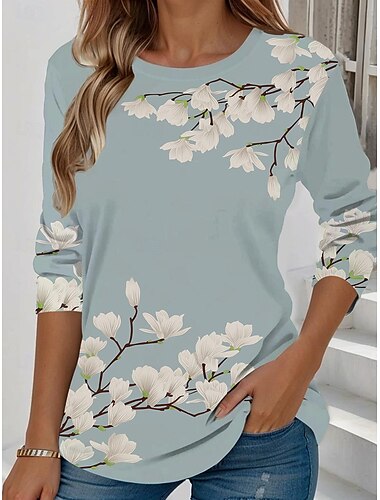  Damen T Shirt Blumen Grafik Pflanzen Vintage Stilvoll Klassisch Langarm Rundhalsausschnitt Normale Oberteile Täglich Wochenende Druck Rote Königsblau Blau Orange Sommer Frühling Herbst