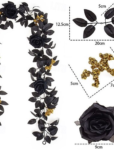  Guirnalda de rosas artificiales negras para Halloween, guirnalda de rosas y hojas artificiales para la decoración del hogar del festival de la cosecha, decoración floral espeluznante para Halloween