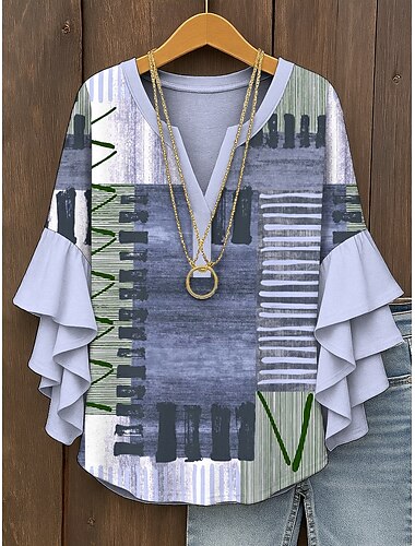  Damen Bluse Grafik Geometrisch Vintage Täglich Stilvoll Dreiviertelarm V Ausschnitt Normale Oberteile Täglich Ferien Urlaubskleidung Rüsche Druck Gelb Rosa Blau Purpur Grün Sommer Frühling