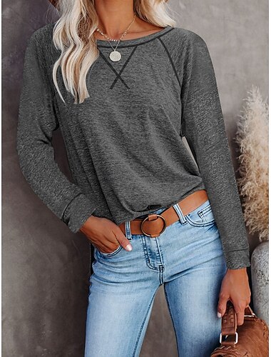  Femmes T-shirt Bloc de Couleur Mode Élégant Moderne manche longue Col ras du cou Hauts Réguliers Quotidien Week-end Rose Claire Vin Vert Gris foncé Automne Hiver