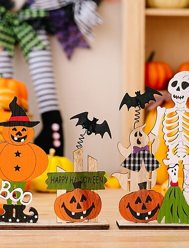  2pcs Halloween Wooden Skeleton Tabletop Decoration, Springy Skull with Pumpkin and Bat, Spooky Desktop Ornament for Halloween Party Decor