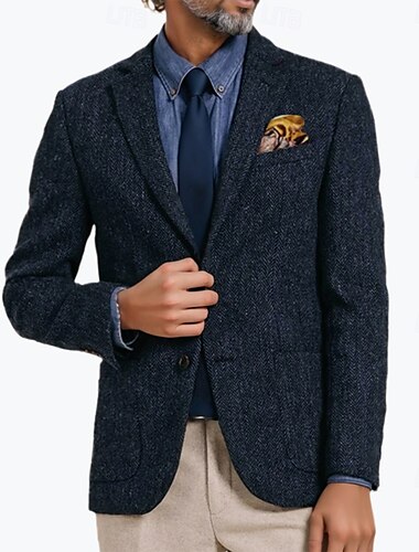  Blazer en tweed pour homme, veste blazer à chevrons, bleu foncé, laine, rétro, vintage, classique, coupe standard, simple boutonnage, deux boutons