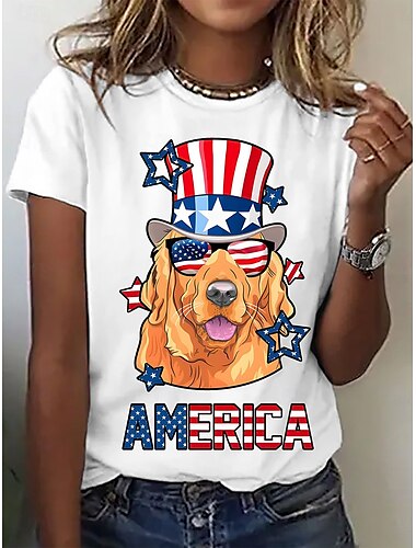 独立記念日 ウィメンズ パトリオティック 第四の七月 Tシャツ グラフィック フラッグ ヴィンテージ スタイリッシュ カジュアル 半袖 クルーネック レギュラー トップス 日常 プリント ブラック ホワイト ブルー ライトブルー 夏 春