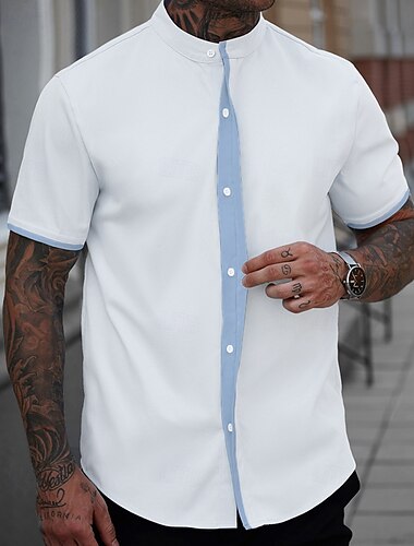  Herren Hemd Sommerhemd Freizeithemd Strandhemd Knopfhemd Weiß Blau Kurzarm Einfach Stehkragen Urlaub Hawaiianisch Patchwork Bekleidung Polyester Mode Lässig Bequem