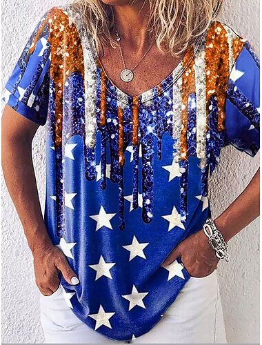  Unabhängigkeitstag Damen Patriotisches Fourth of July T-Shirt Grafik Flagge Stylisch Lässig Kurzarm V-Ausschnitt Regelmäßige Oberteile Alltag Druck Königsblau Blau Fuchsia Grün Sommer Frühling