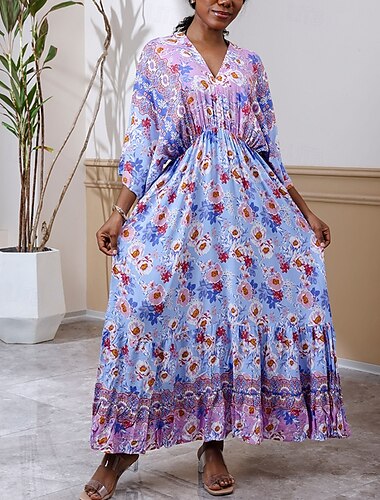 Dames Lange jurk maxi-jurk Casual jurk Swingjurk Boho-jurk Westerse kleding Elegant Modieus Romantisch Buiten Vakantie Feest Normale pasvorm Bloem Lange mouw V-hals blauw Lente Herfst