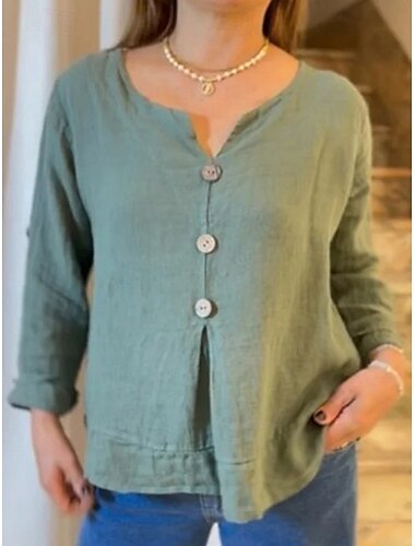  Damen Bluse aus Baumwolle und Leinen, einfarbig, elegant, lässig, langärmelig, V-Ausschnitt, normale Oberteile, Alltag, Urlaub, Schwarz, Weiß, Blau, Grün, Khaki, Sommer, Herbst