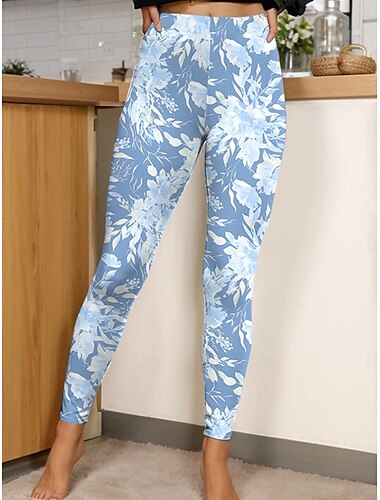  Damen Leggings Vintage Mode Lässig Volle Länge Hohe Taille Blumen Grafik Drucken Atmungsaktiv Weich Dehnbar Urlaub Lässig Täglich Violett Rubinrot Grün Khaki Sommer Frühling Schmale Passform
