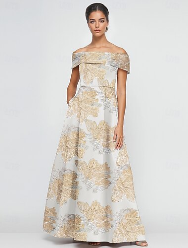  Jacquard brokát květinové A-line večerní šaty elegantní šaty formální svatba podlahová délka krátký rukáv bez ramínek kapsa nylon s rozparkem kapsa